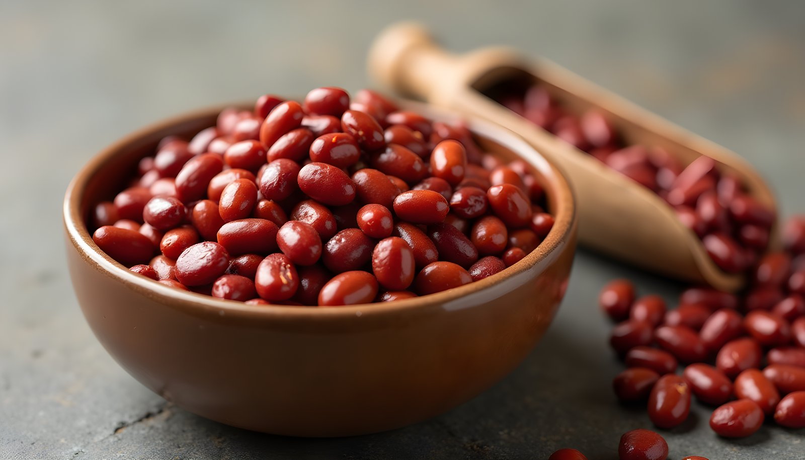 Kidney bean fiber shown with a clay bowl of dark red kidney beans and a wooden scoop spilling more beans on the table