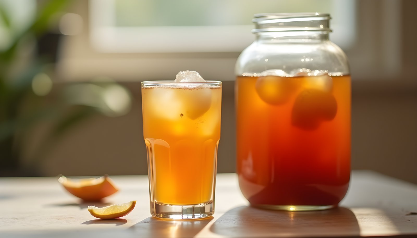 Kombucha fiber shown with a glass of amber kombucha over ice beside a large glass jar of brewing kombucha