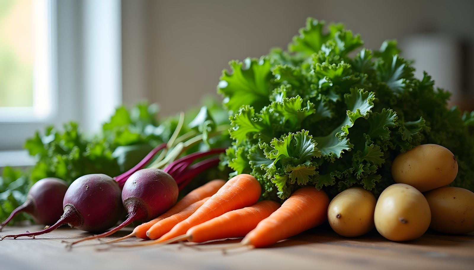 Leafy greens vs root vegetables fiber shown with fresh kale beside beets, carrots and potatoes on a wooden table