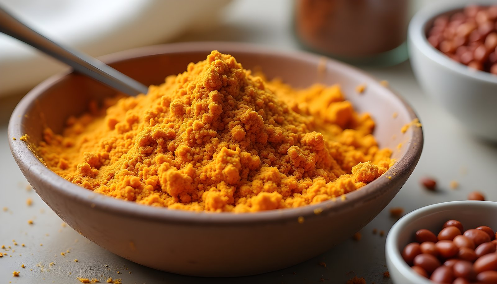 Lentil flour fiber shown with a large bowl of bright orange red lentil flour beside small bowls of whole dried legumes