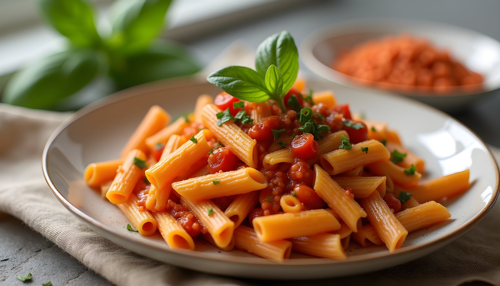 Lentil pasta fiber shown with a plate of red lentil penne in tomato sauce topped with basil and a dish of red lentils