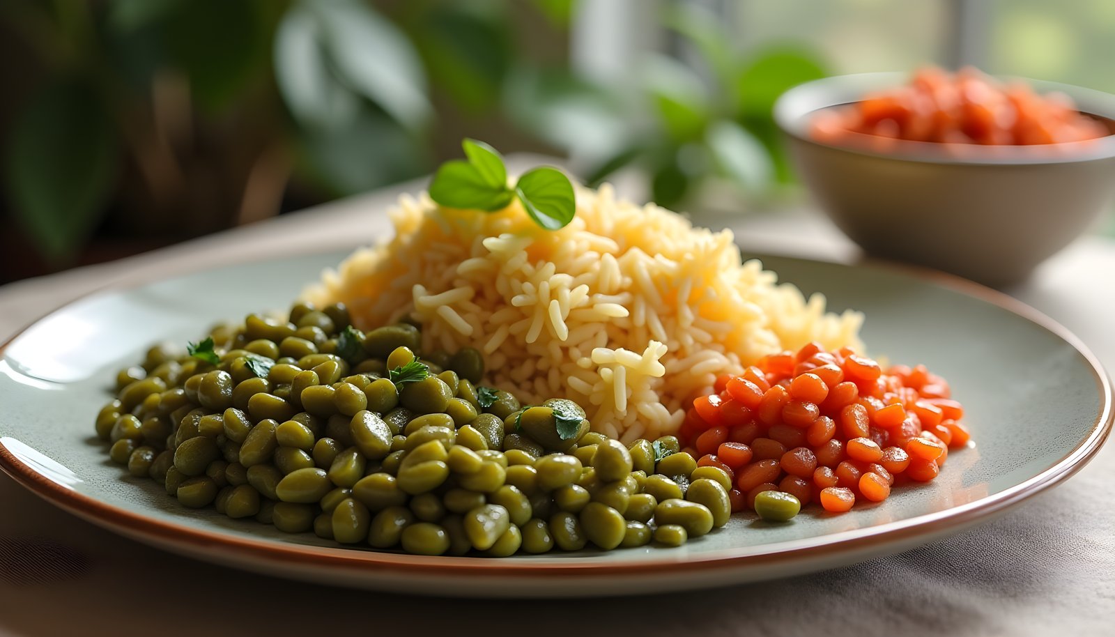 Lentil fiber shown with a plate of rice beside green lentils and red lentils, and a small dish of red lentils behind