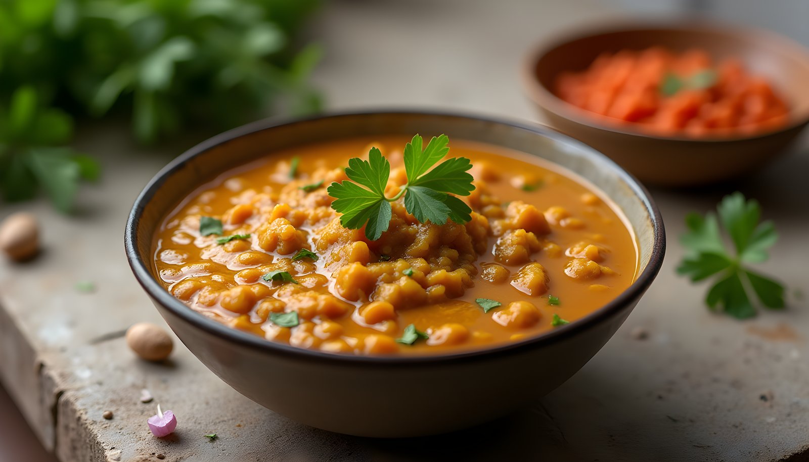 Lentil fiber shown with a bowl of golden lentil dal topped with fresh cilantro and a small dish of red lentils