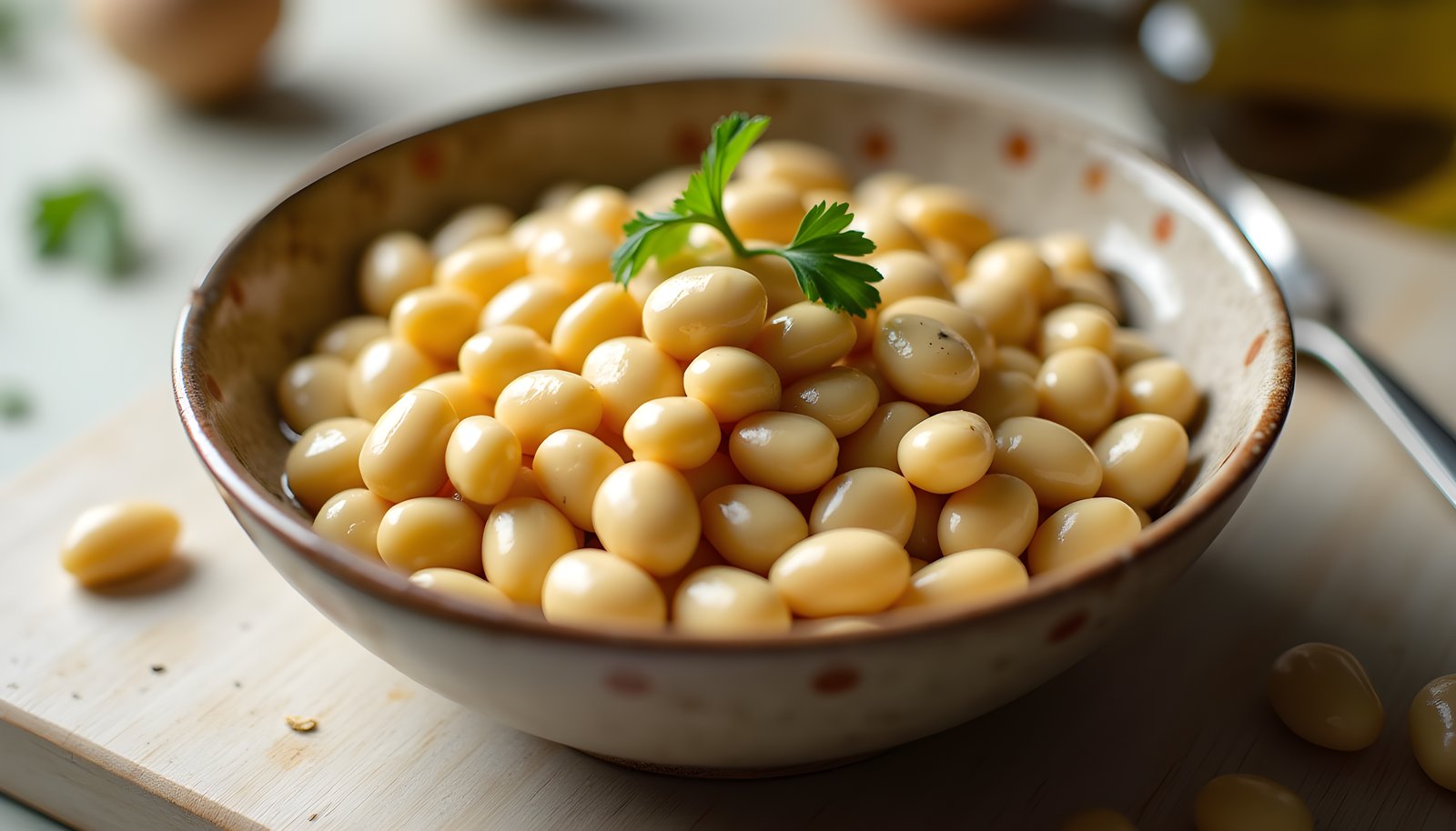 Lima bean fiber shown with a speckled bowl of glossy cream colored butter beans topped with parsley on a cutting board