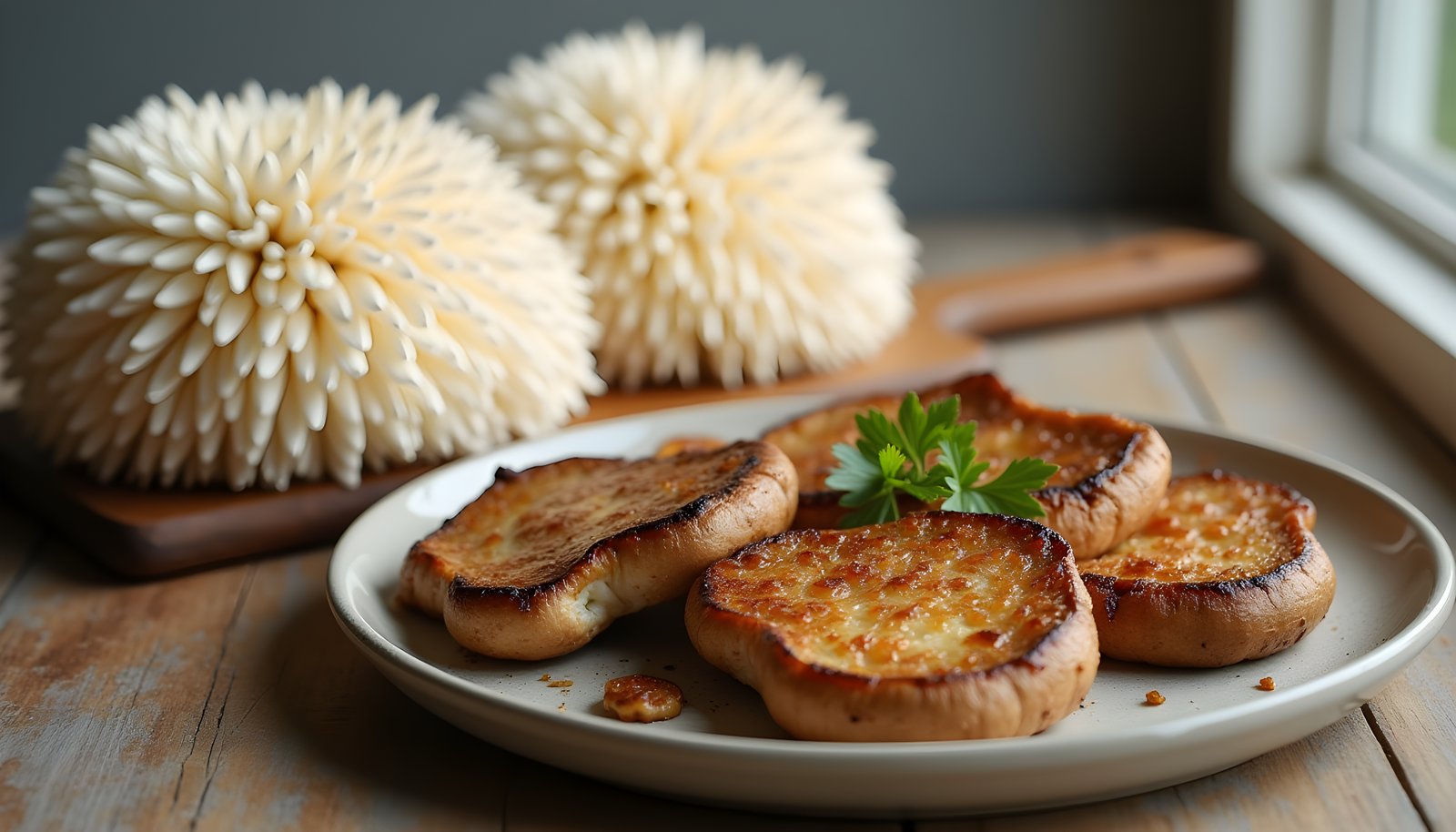Lion's mane fiber shown with two whole white shaggy lion's mane mushrooms and a plate of golden seared mushroom steaks