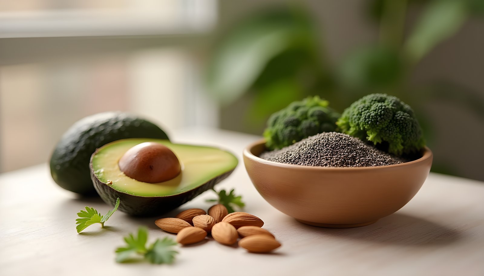 Low carb high fiber foods: a halved avocado with its pit, a bowl of chia seeds, broccoli florets and a few almonds