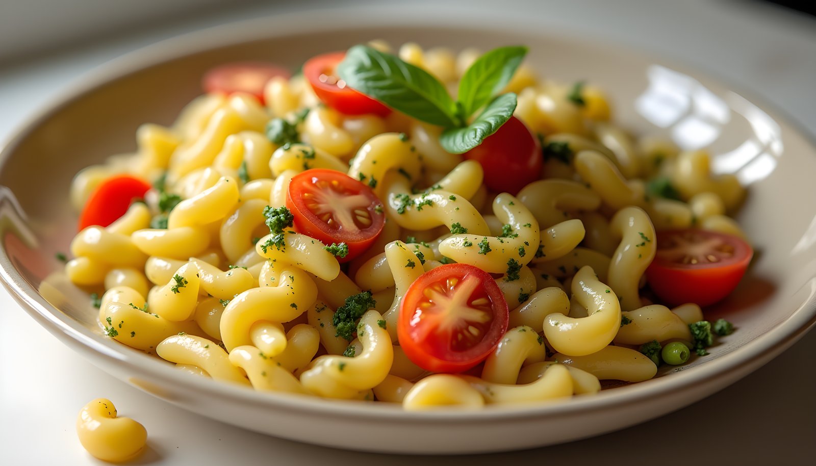 Lupini bean pasta fiber shown with a bowl of pale yellow pasta tossed with pesto, cherry tomatoes and fresh basil