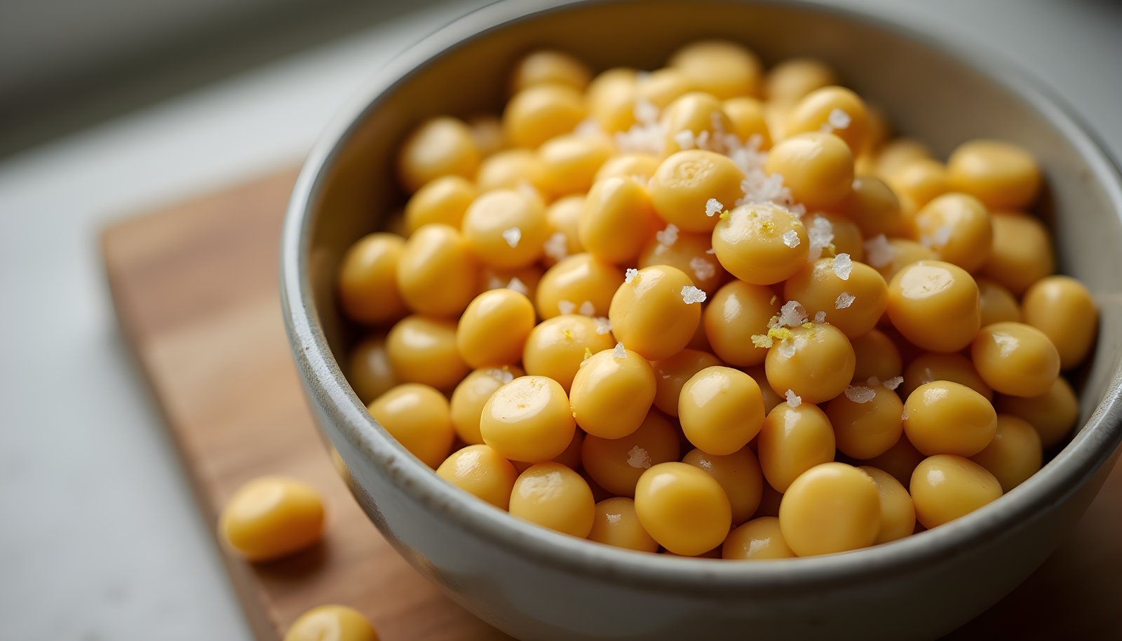 Lupini bean snack fiber shown with a bowl of round yellow lupini beans sprinkled with sea salt on a wooden cutting board