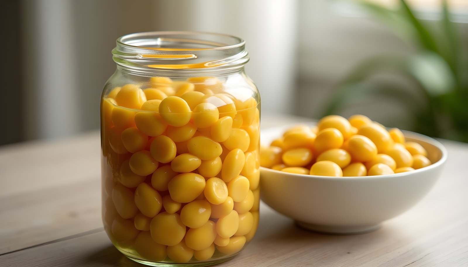 Lupini bean fiber shown with a glass jar of round yellow lupini beans in brine beside a white bowl of lupini beans