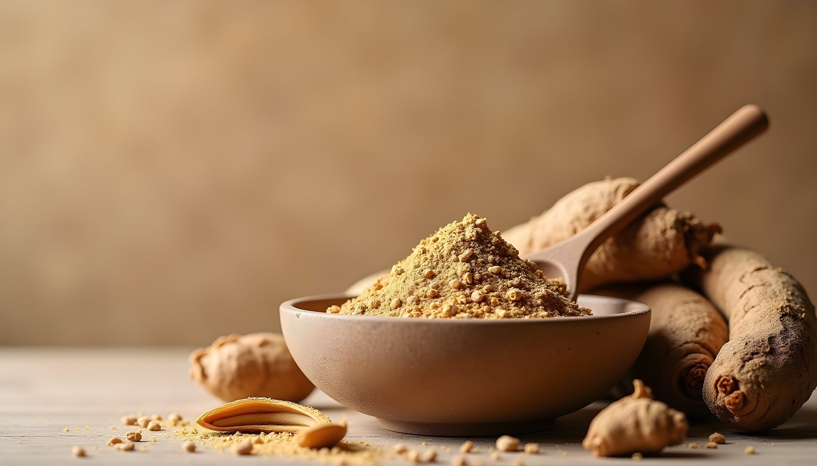 Maca root fiber shown with whole dried maca roots beside a bowl of beige maca powder with a wooden spoon