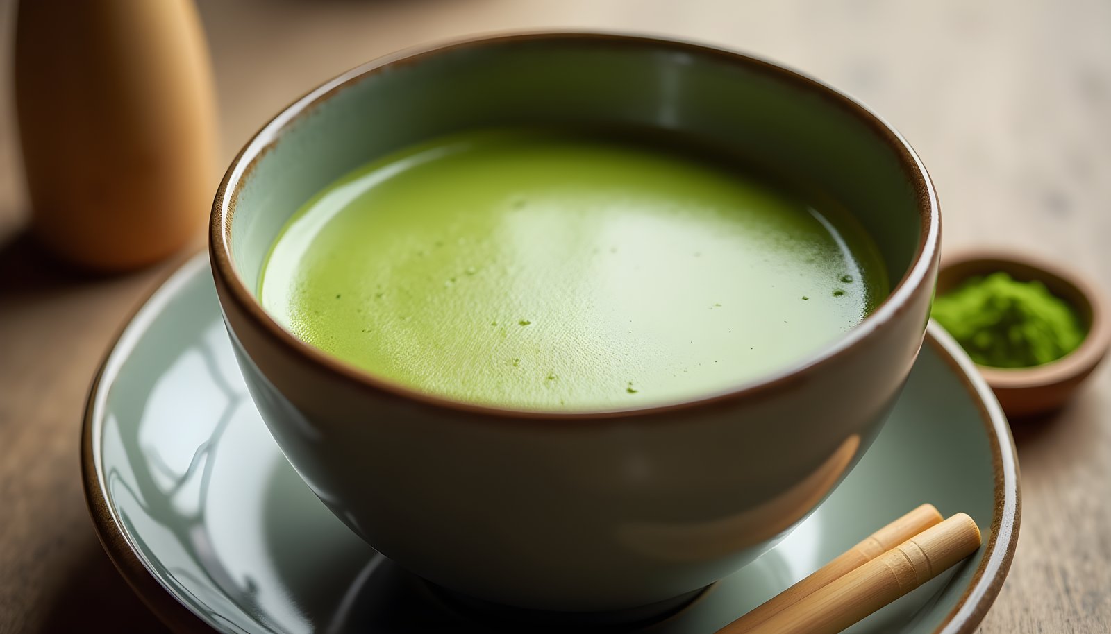 Matcha fiber shown with a bowl of frothy green matcha tea on a saucer, a bamboo whisk and a small dish of powder