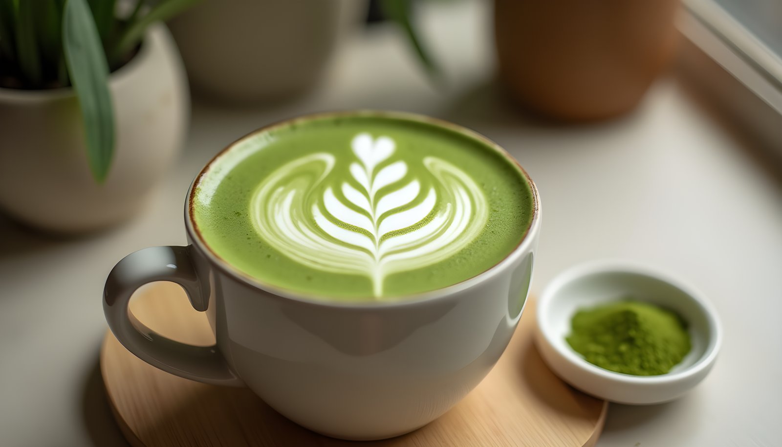 Matcha latte fiber shown with a cup of green matcha latte with leaf latte art and a small dish of matcha powder