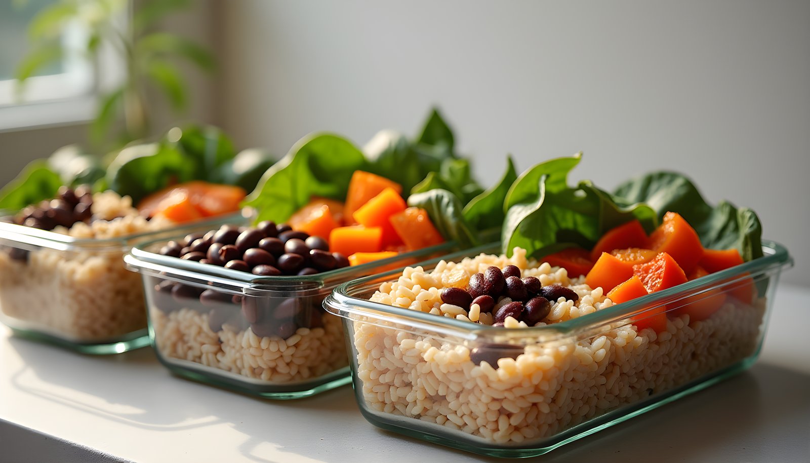 Meal prep fiber shown with glass containers of brown rice, black beans, roasted carrots and fresh spinach leaves