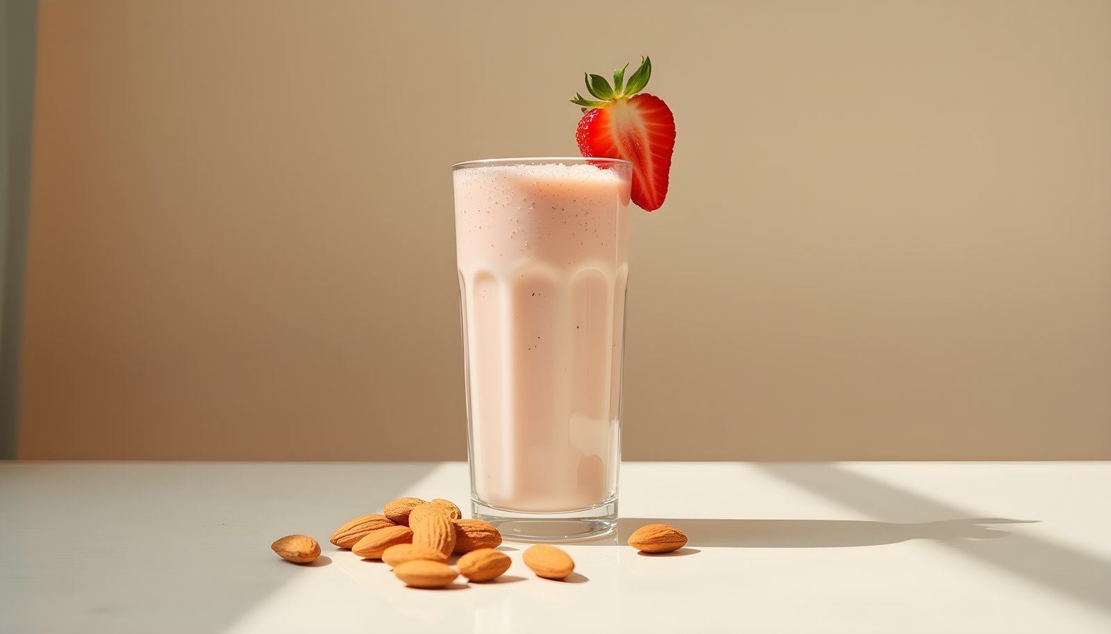 Meal replacement drink with fiber shown in a tall glass of creamy pink shake with a strawberry and a few almonds