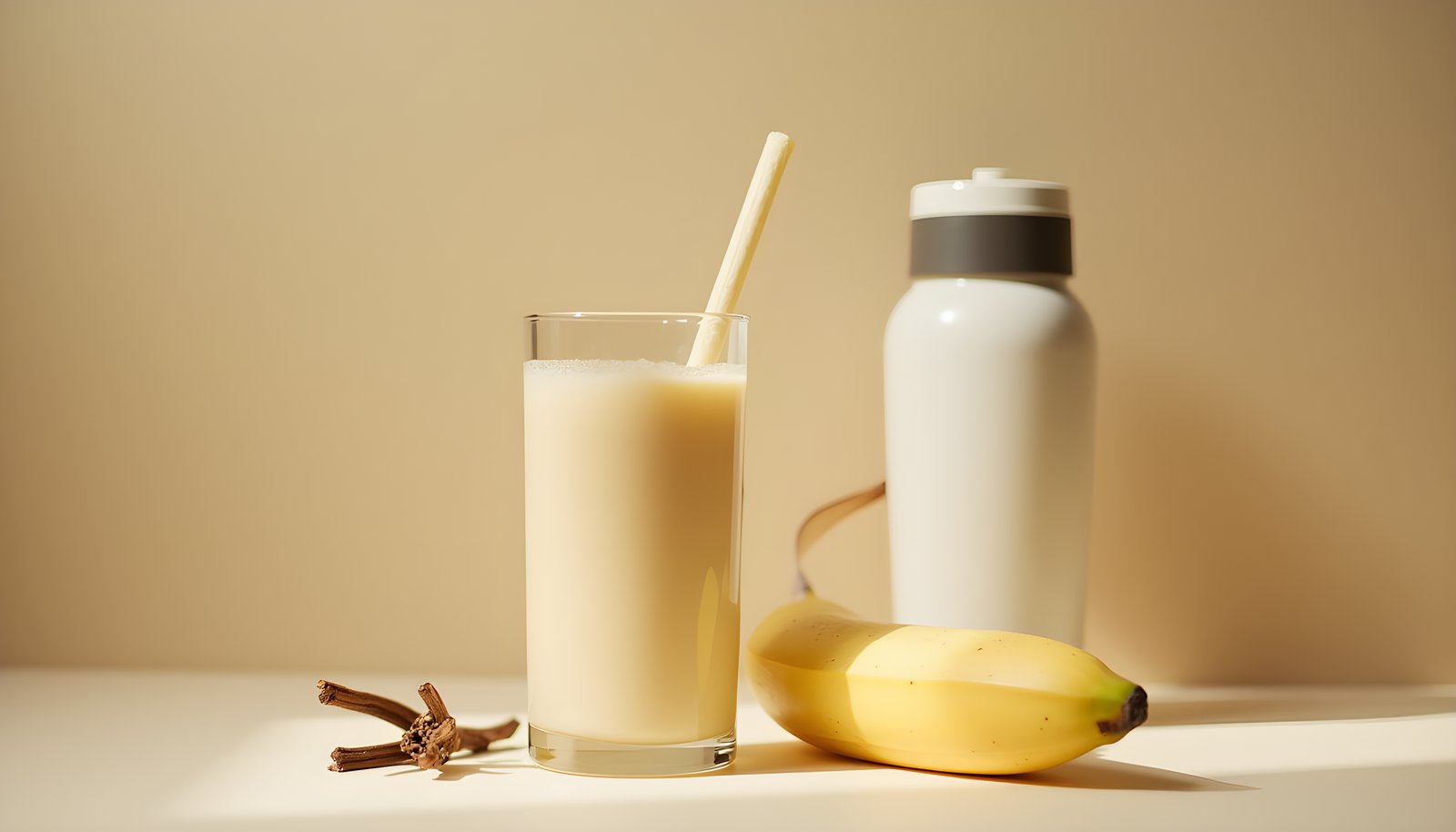 Meal replacement shake with fiber shown in a glass with a straw beside a white shaker bottle and a ripe banana