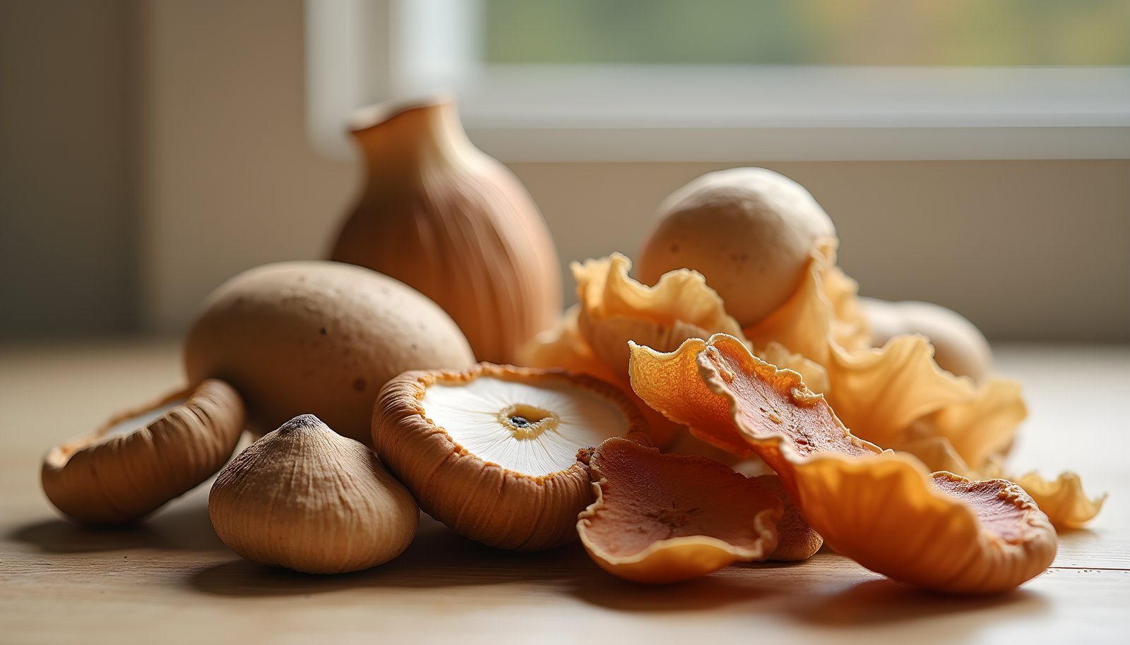 Medicinal mushroom fiber shown with an assortment of whole mushrooms and ruffled dried mushroom pieces on a table