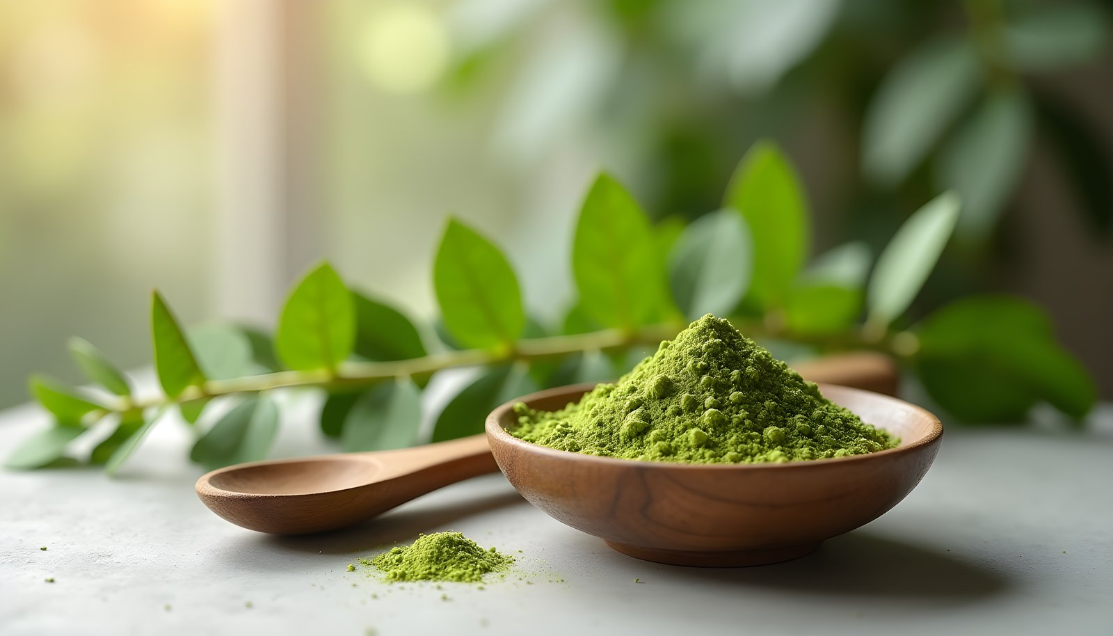 Moringa fiber shown with a branch of fresh moringa leaves, a wooden bowl of bright green moringa powder and a spoon