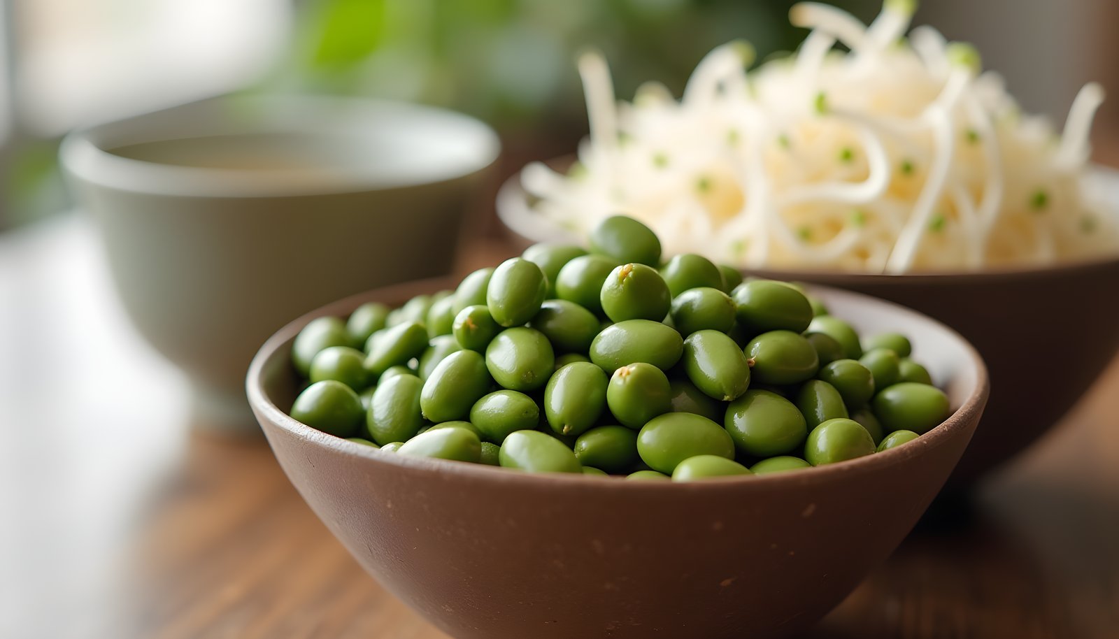 Mung bean fiber shown with a bowl of green mung beans in front of a bowl of fresh white mung bean sprouts on a table