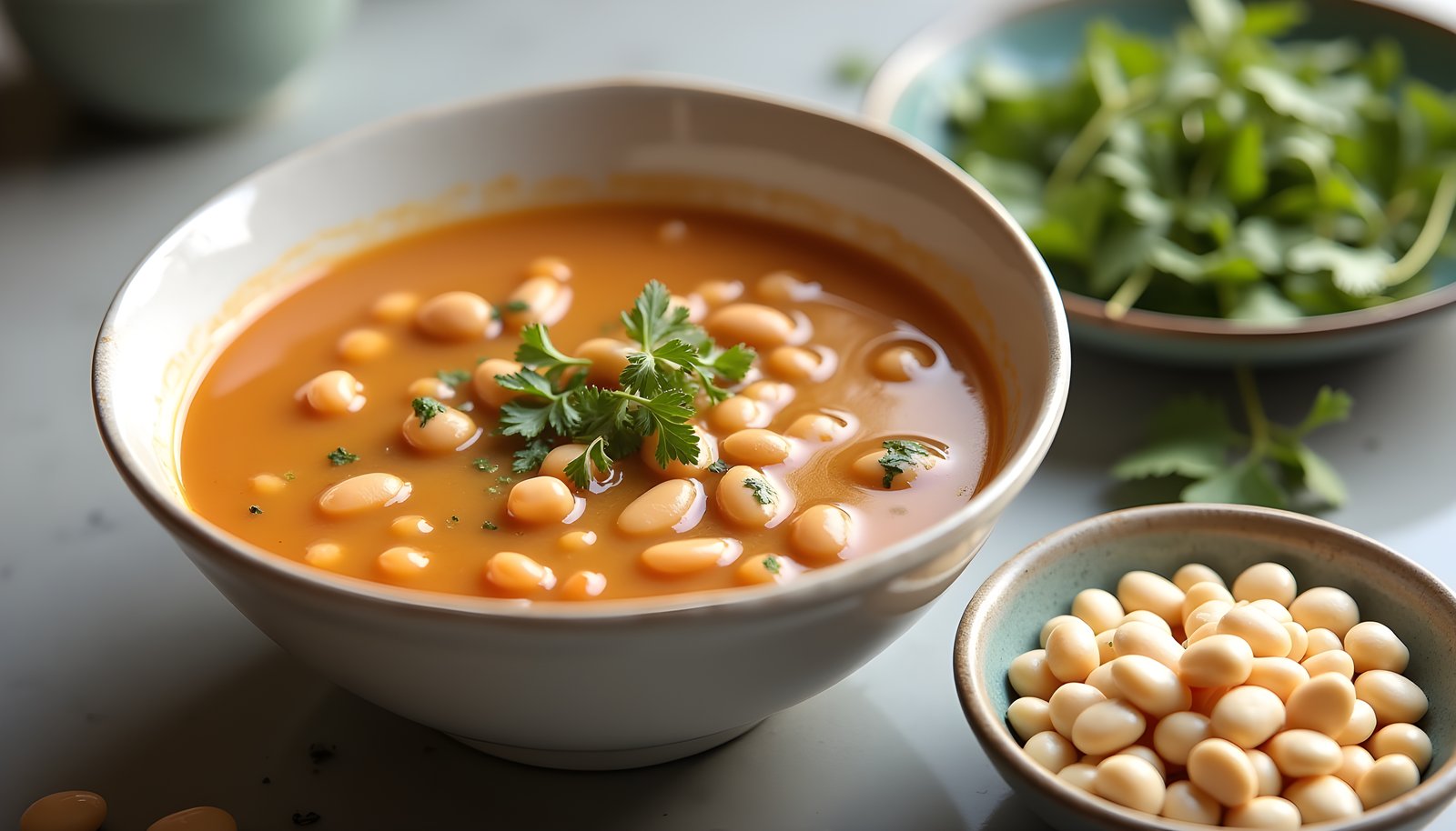 Navy bean fiber shown with a bowl of navy bean soup topped with parsley, a dish of dry white beans and fresh greens