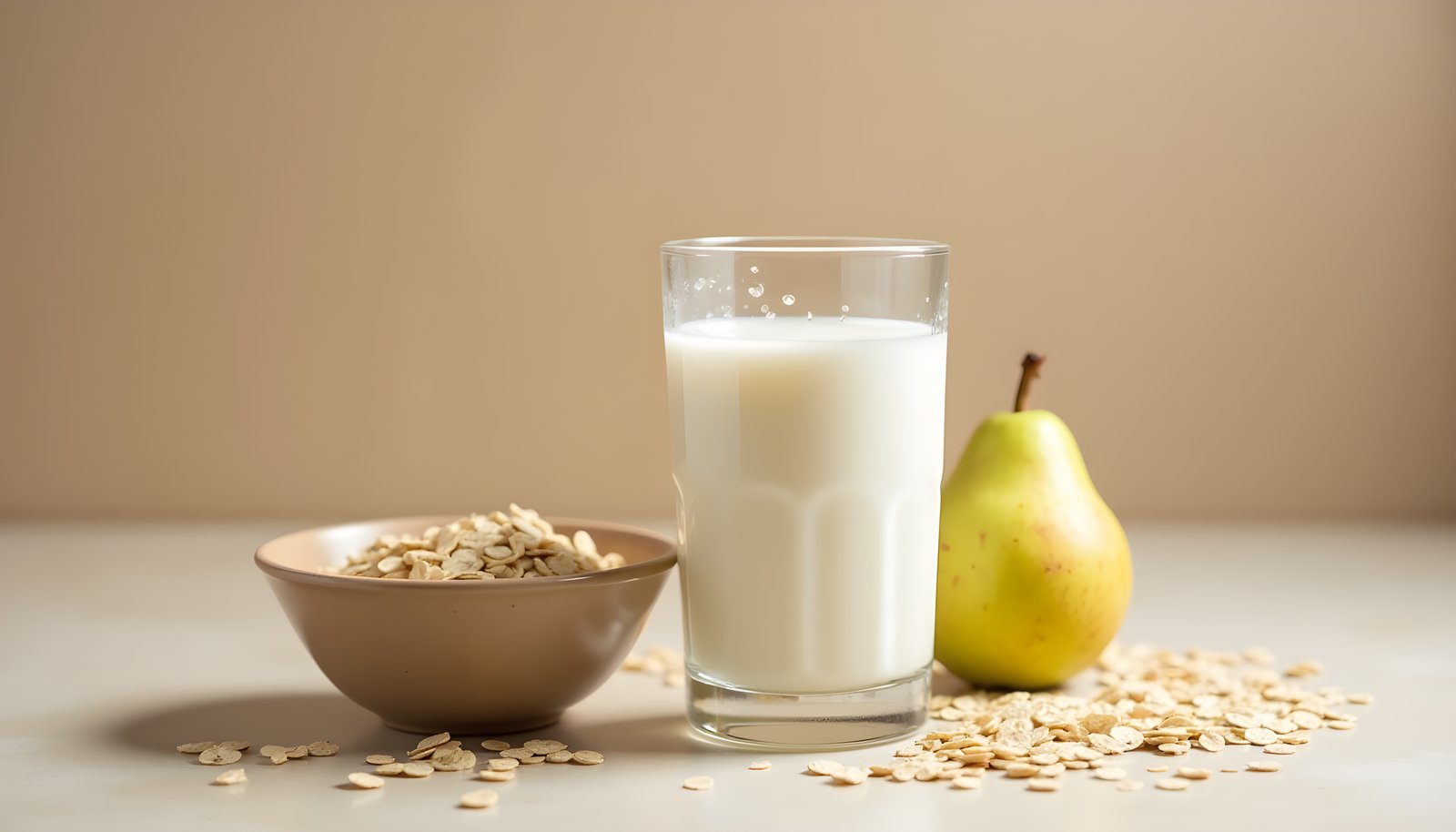 Oat milk fiber shown with a glass of creamy oat milk beside a bowl of rolled oats and a ripe yellow pear on a light table