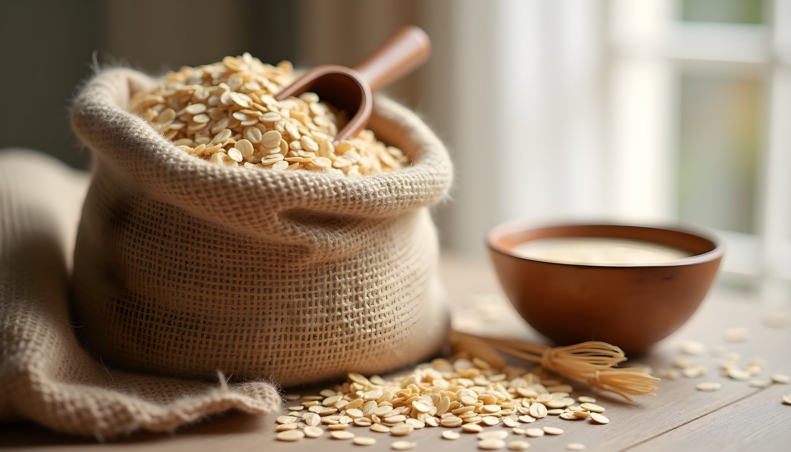 Oat fiber shown with a burlap sack of rolled oats and a wooden scoop, oat stalks and a small bowl on a sunny table