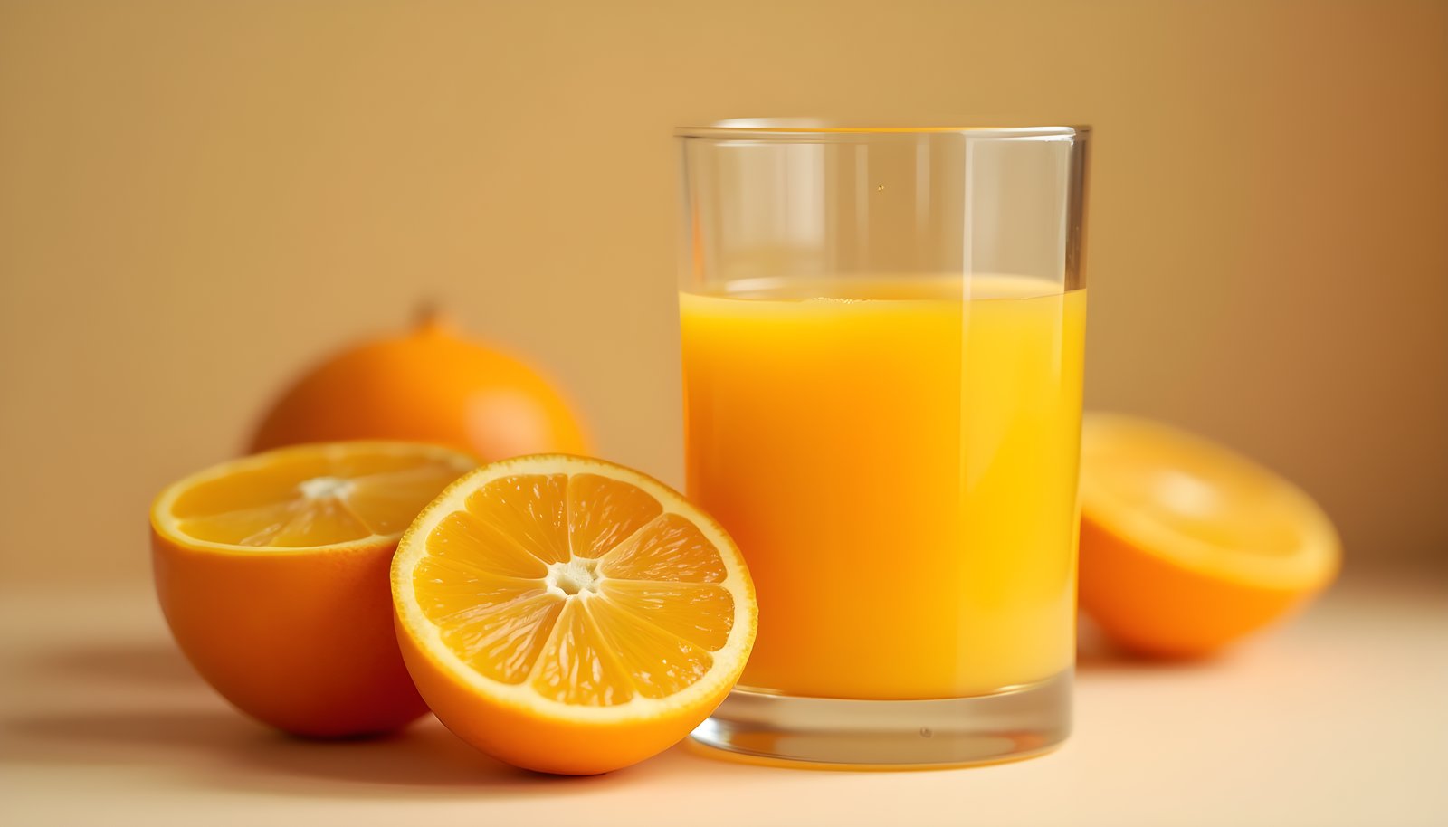 Orange juice fiber shown with a tall glass of orange juice beside whole oranges and an orange cut in half