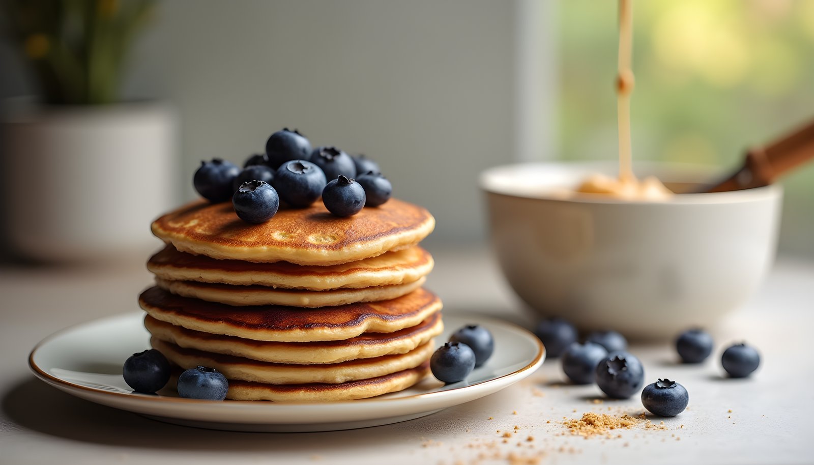 Pancakes with added fiber shown as a stack of whole grain pancakes topped with blueberries and a bowl of batter