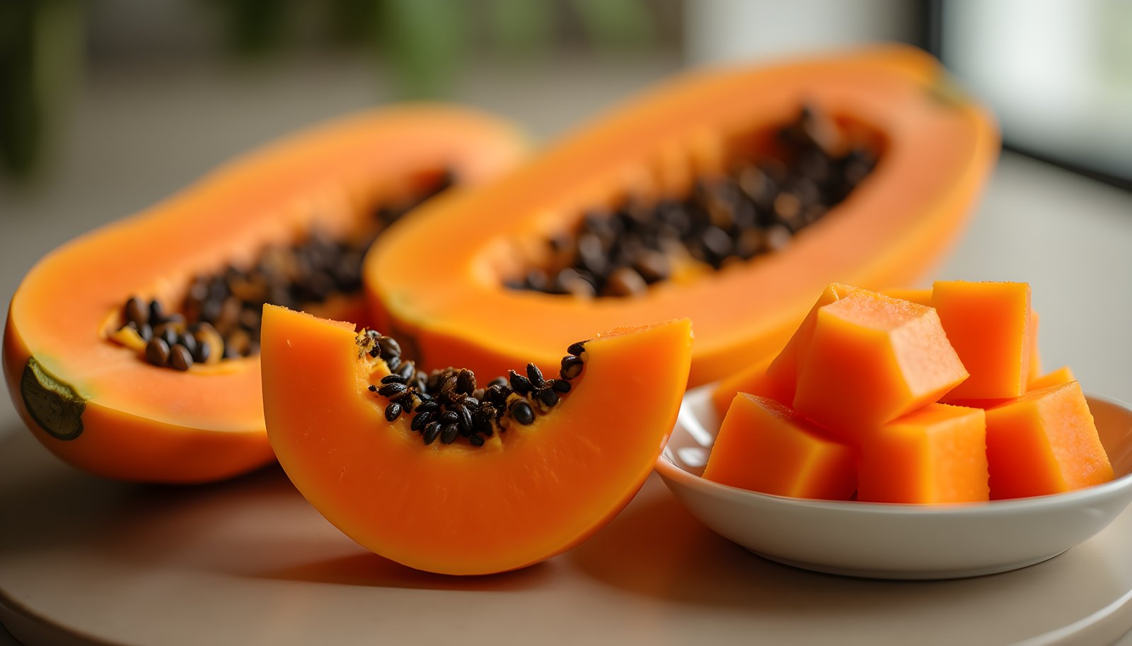 Papaya fiber shown with a ripe papaya cut in half showing black seeds, a papaya slice and a bowl of orange cubes