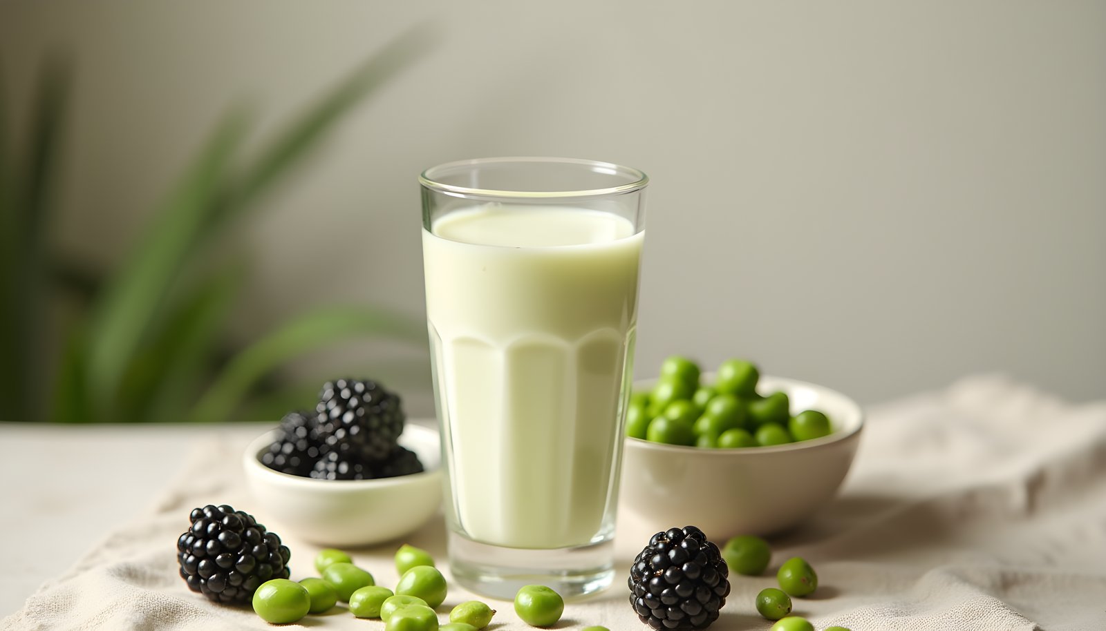 Pea milk fiber shown with a glass of pale green pea milk beside small bowls of fresh green peas and ripe blackberries