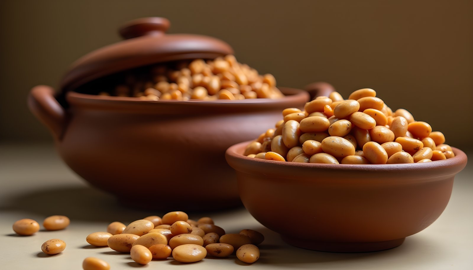 Pinto bean fiber shown with a clay pot and a bowl of speckled pinto beans with loose beans scattered on the table