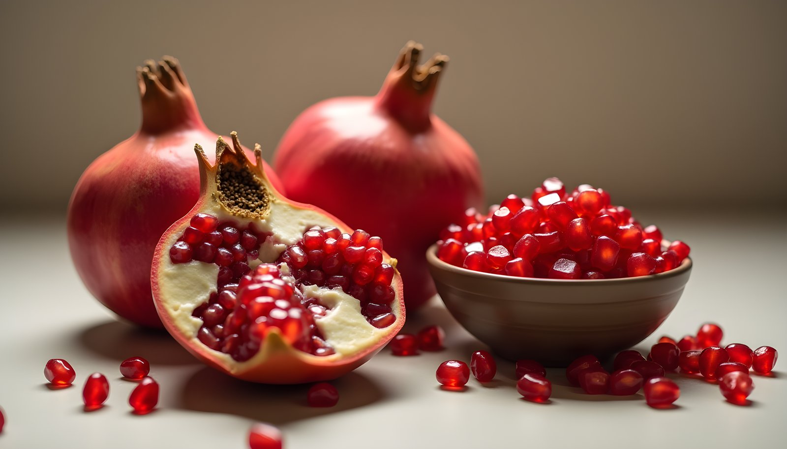 Pomegranate fiber shown with whole pomegranates, one broken open to show red seeds, and a bowl of pomegranate arils