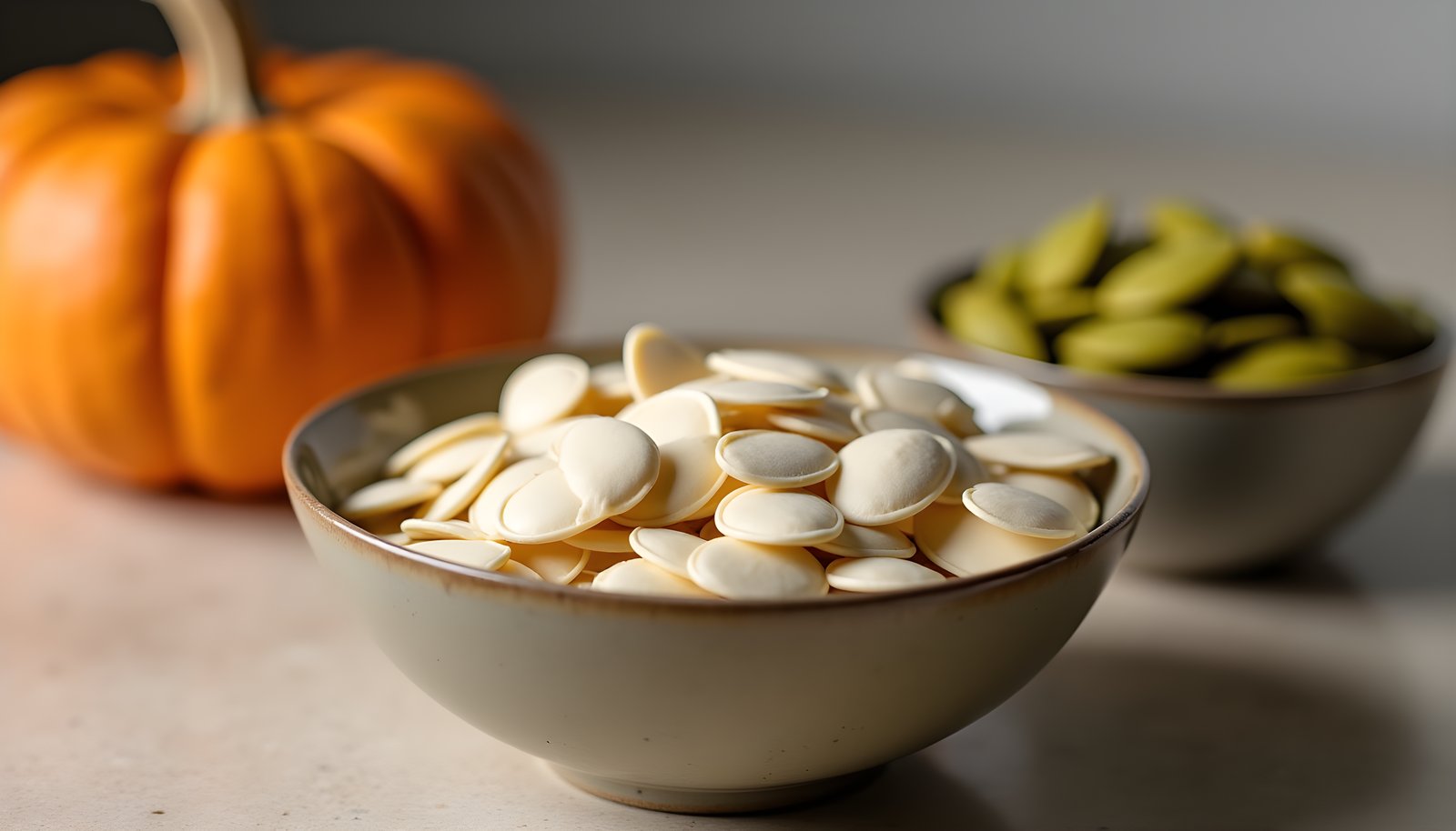 Pumpkin seed fiber shown with a bowl of flat white pumpkin seeds in the shell, a bowl of green pepitas and a small pumpkin