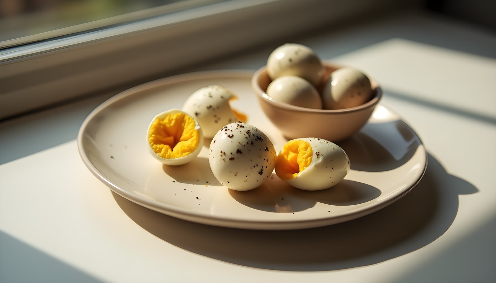Quail egg fiber shown with a bowl of speckled quail eggs and halved boiled quail eggs on a cream colored plate