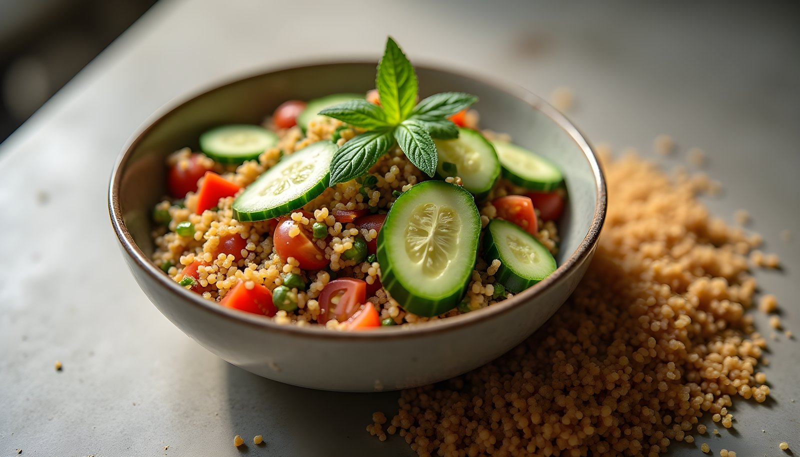 Quinoa fiber shown with a quinoa salad bowl of cucumber, tomato and fresh mint beside a pile of dry tricolor quinoa