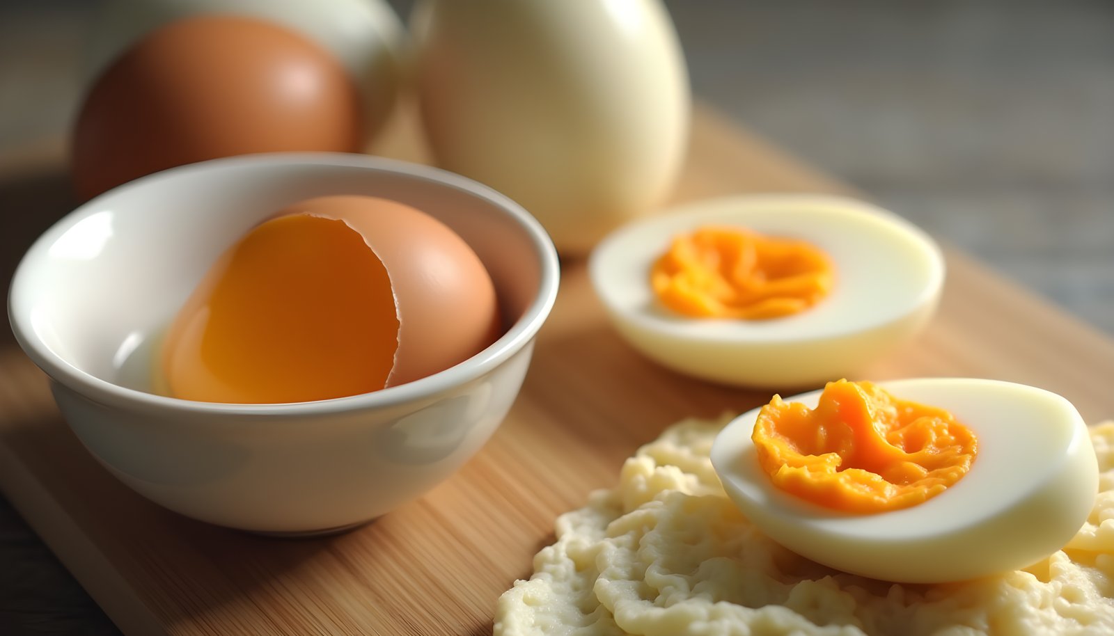 Raw vs cooked egg fiber shown with a raw egg in a bowl beside halved hard boiled eggs on a wooden board
