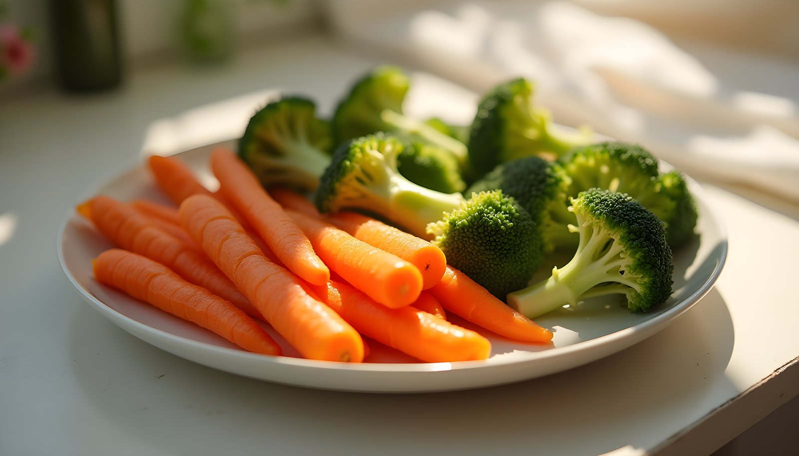 Raw vs cooked vegetable fiber shown with a plate of bright carrot sticks and broccoli florets on a white plate