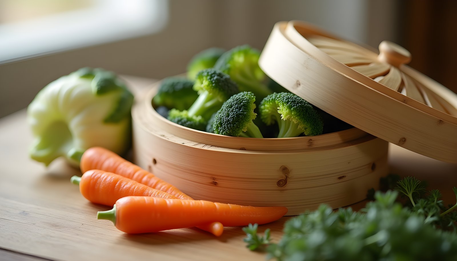 Raw vs steamed vegetable fiber shown with a bamboo steamer of broccoli beside raw carrots and cauliflower