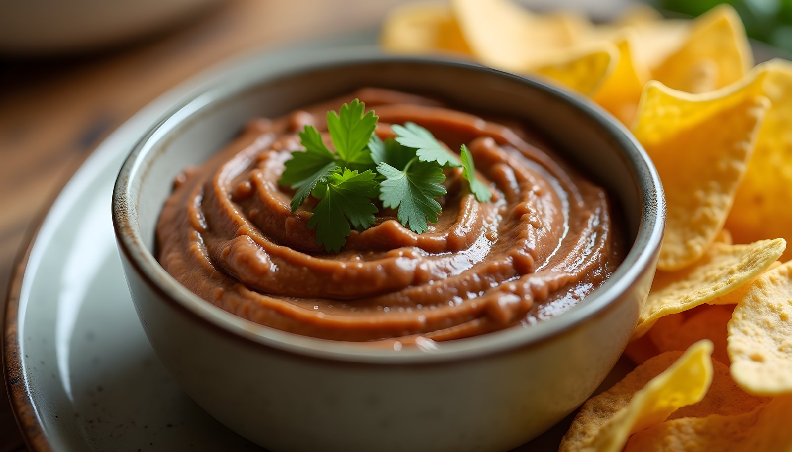 Refried bean fiber shown with a bowl of smooth swirled refried beans topped with fresh cilantro beside golden tortilla chips