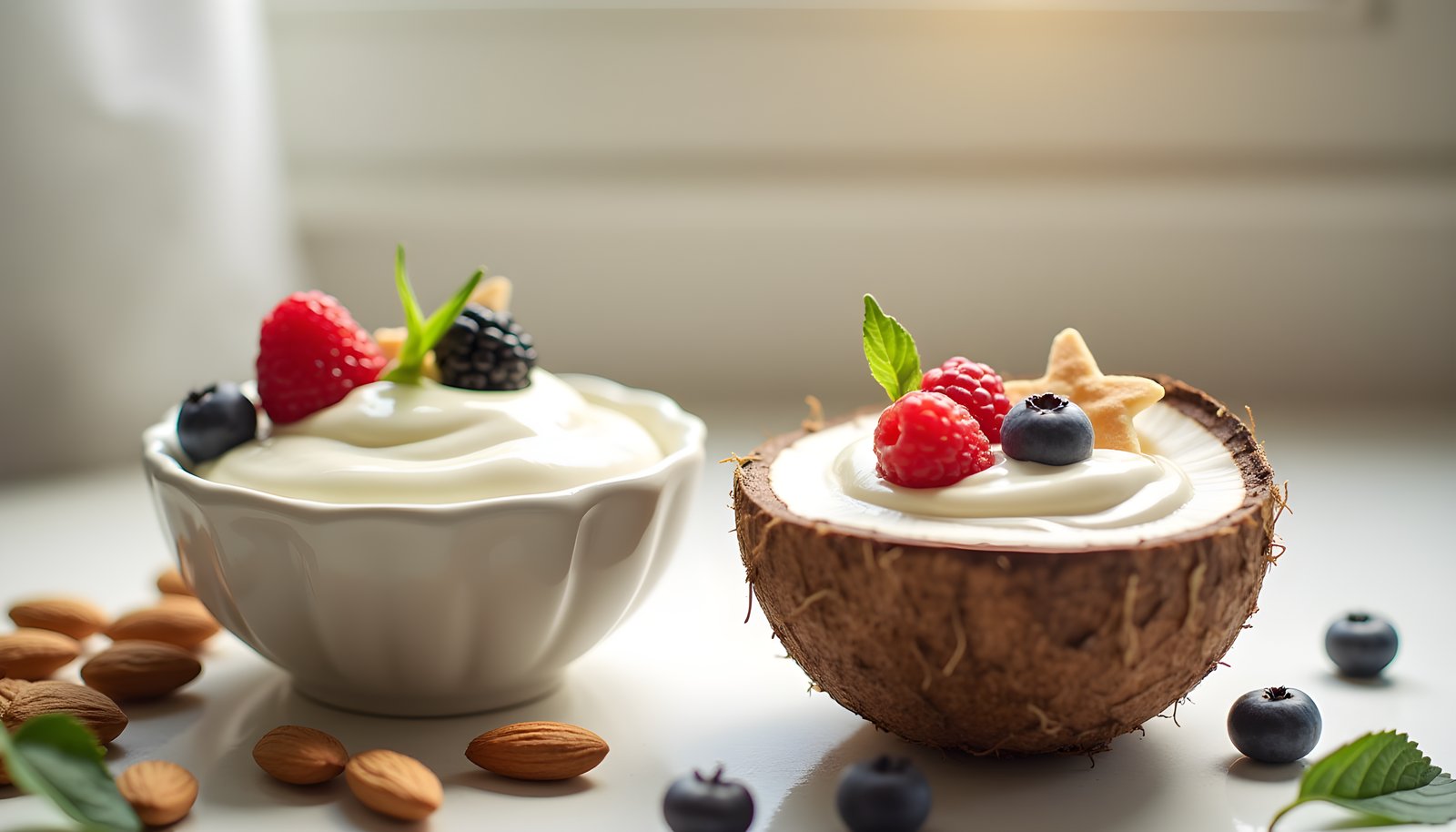 Regular vs plant based yogurt fiber shown with a bowl of dairy yogurt beside coconut yogurt in a shell with berries