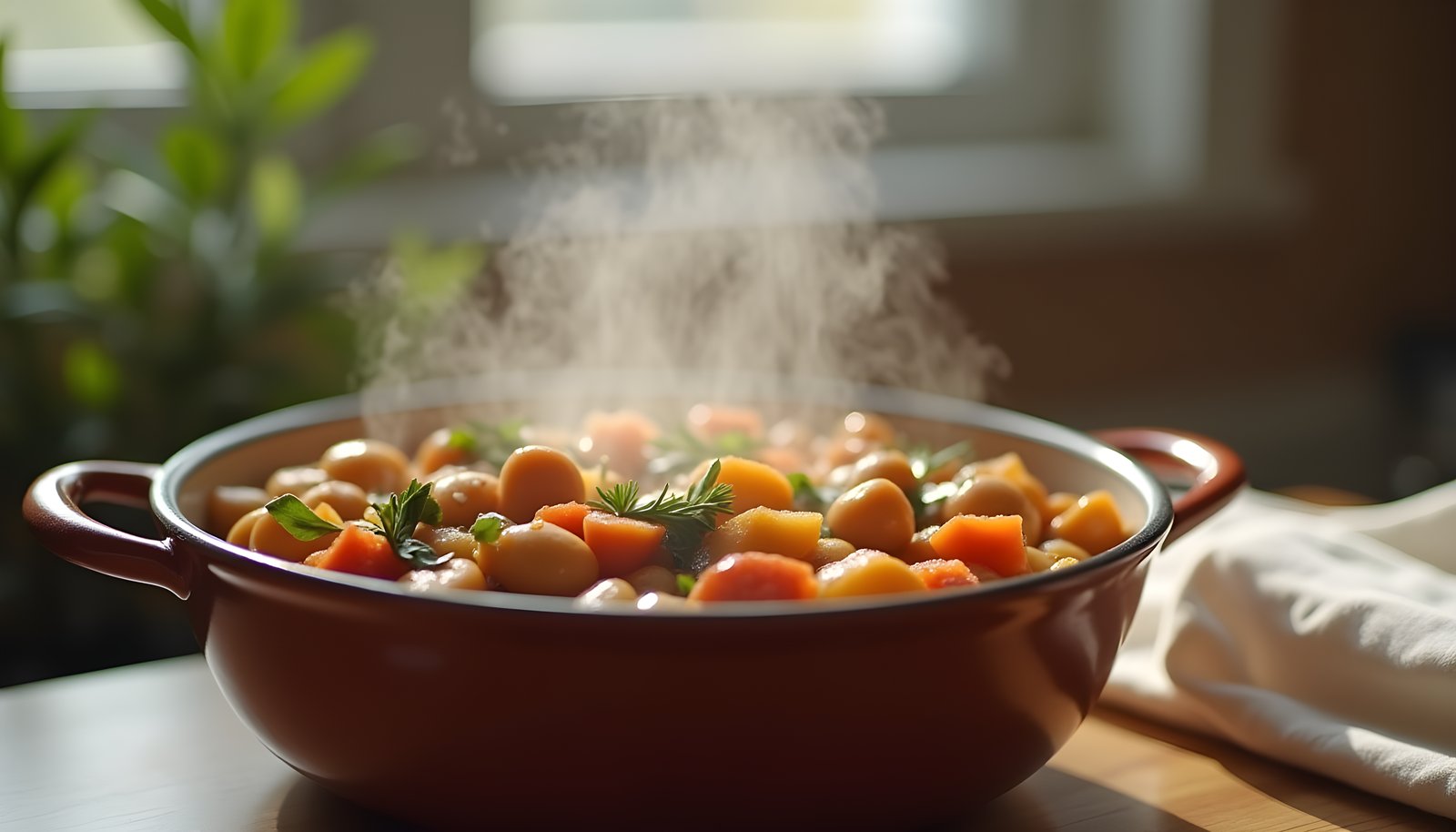 Reheating food and fiber shown with a steaming red pot of vegetable and bean stew warming on a wooden kitchen table