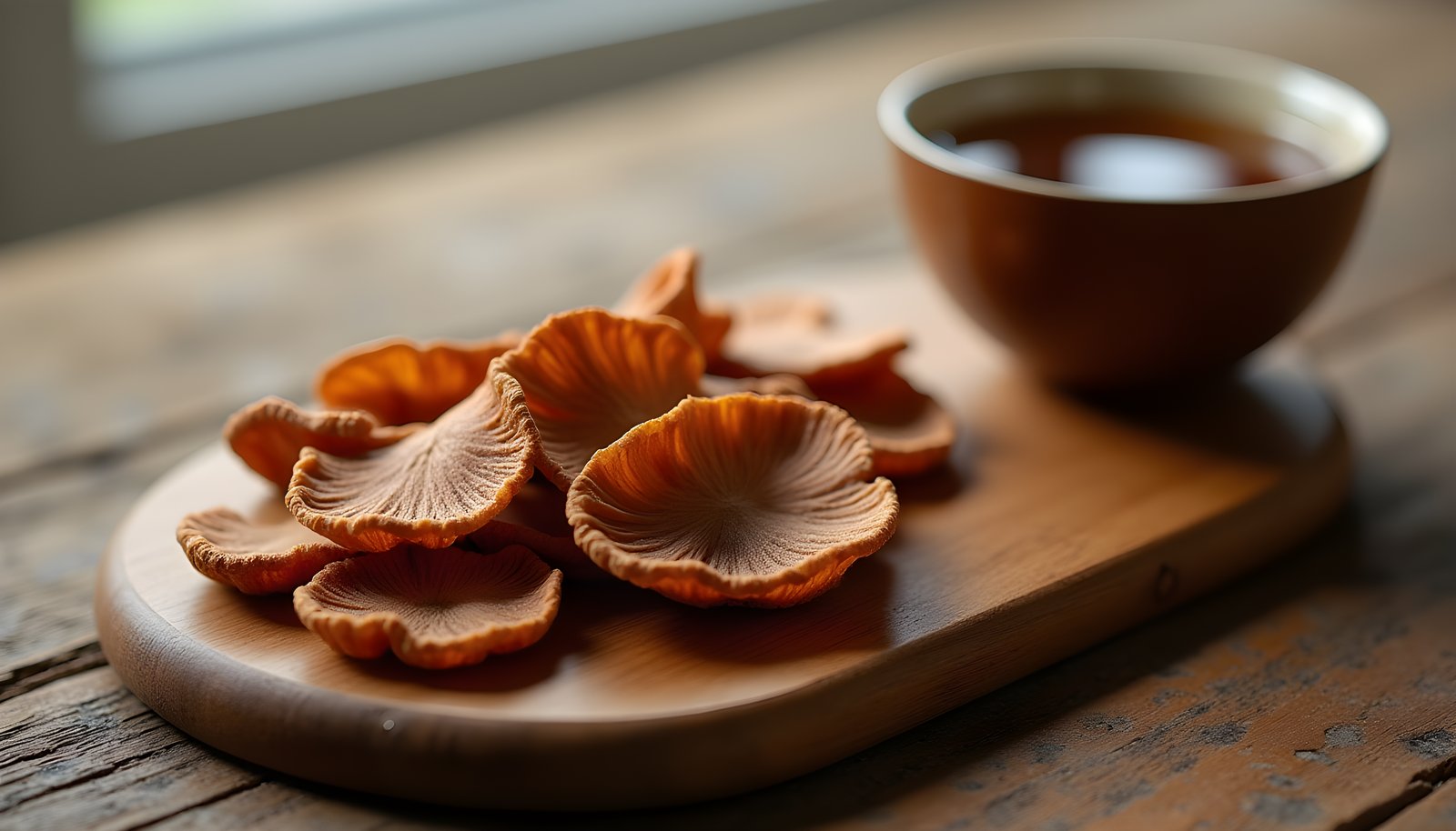 Reishi mushroom fiber shown with thin dried brown reishi slices on a wooden board beside a cup of dark mushroom tea