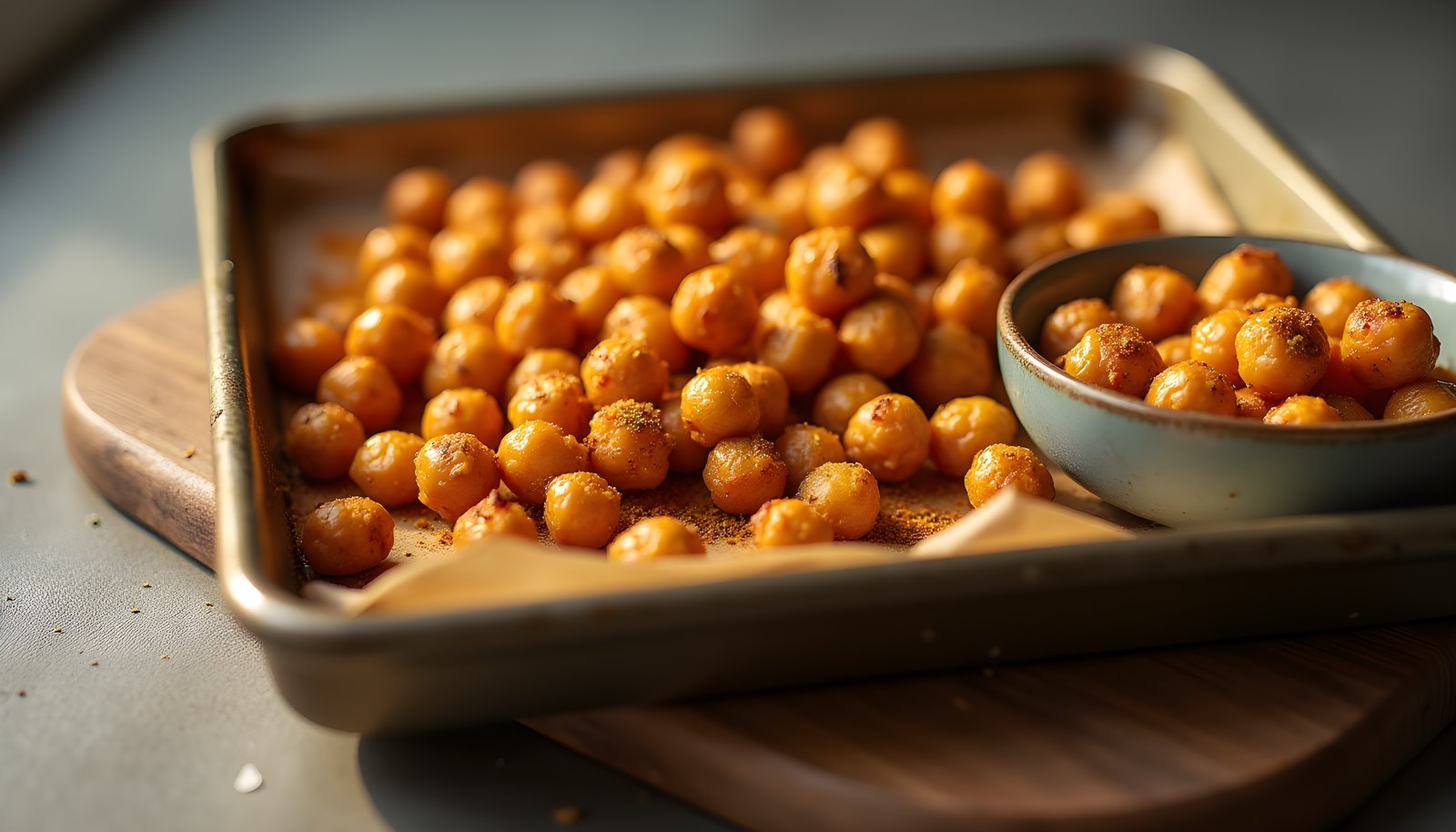 Roasted chickpea fiber shown with a baking tray of crunchy spiced roasted chickpeas and a small bowl of them on the side