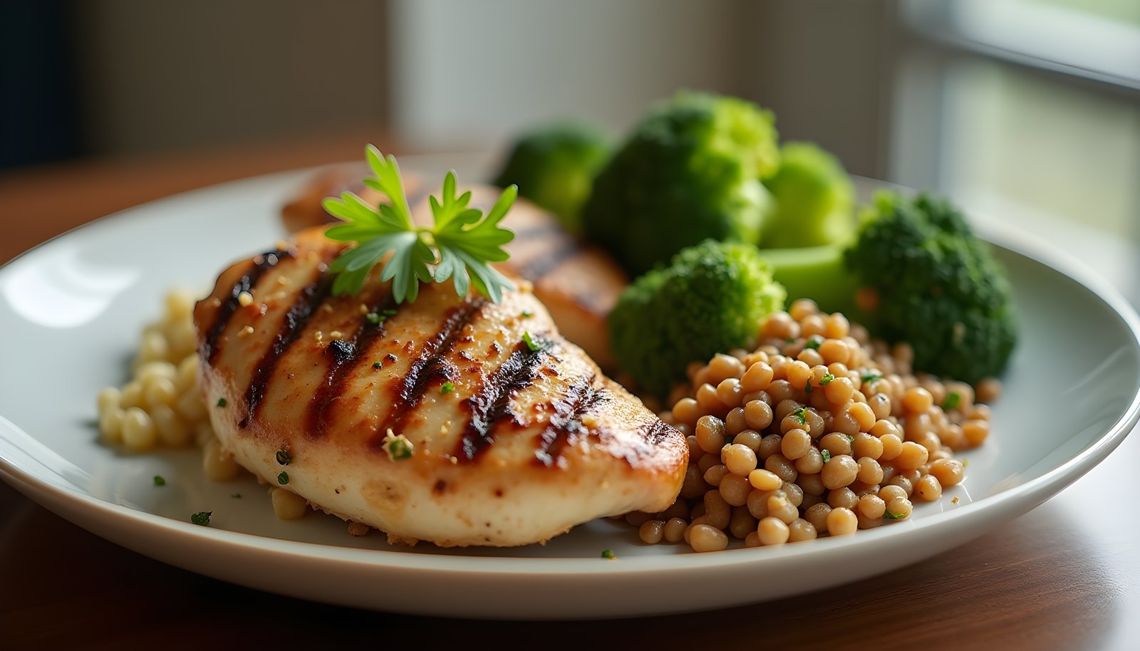 High fiber choices for diabetics: grilled chicken breast with a scoop of lentils and fresh broccoli on a white plate