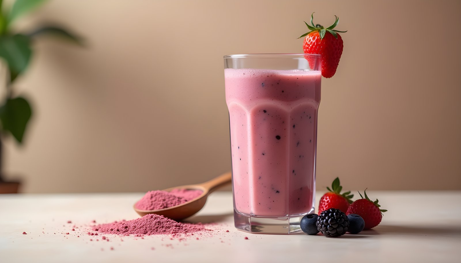 Smoothie mix with added fiber shown as a tall pink berry smoothie with a spoon of powder and fresh berries beside it