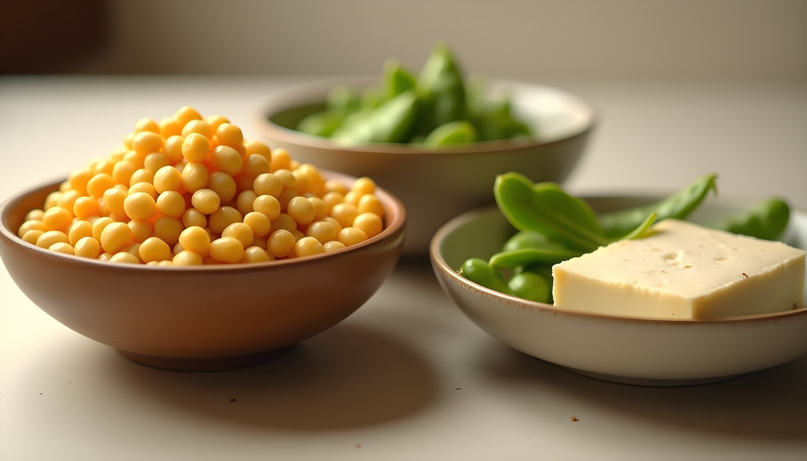 Soybean fiber shown with a bowl of dry yellow soybeans, a dish of green edamame pods and a block of firm white tofu