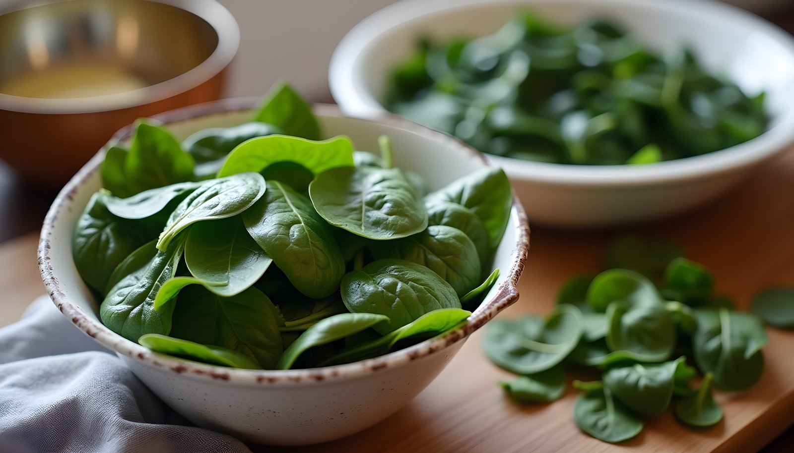 Spinach fiber shown with a large bowl of fresh spinach leaves, a bowl of darker cooked spinach and loose leaves