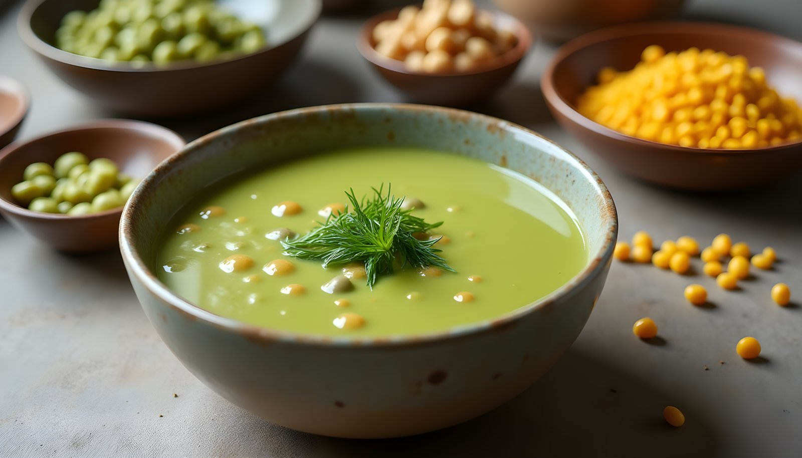 Split pea fiber shown with a bowl of creamy green split pea soup with dill beside dishes of green and yellow split peas