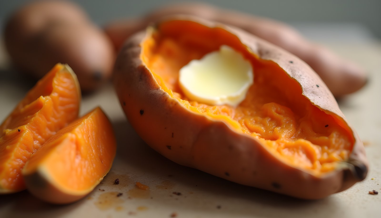 Sweet potato fiber shown with a baked sweet potato split open with a pat of butter beside roasted orange wedges