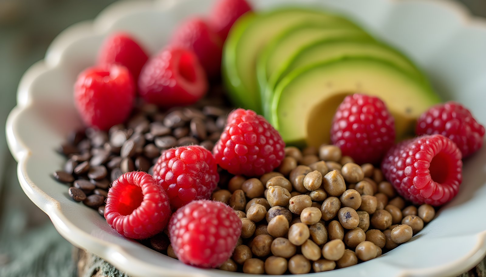 Foods with most fiber shown together on a platter: fresh raspberries, sliced avocado, lentils and dark split legumes