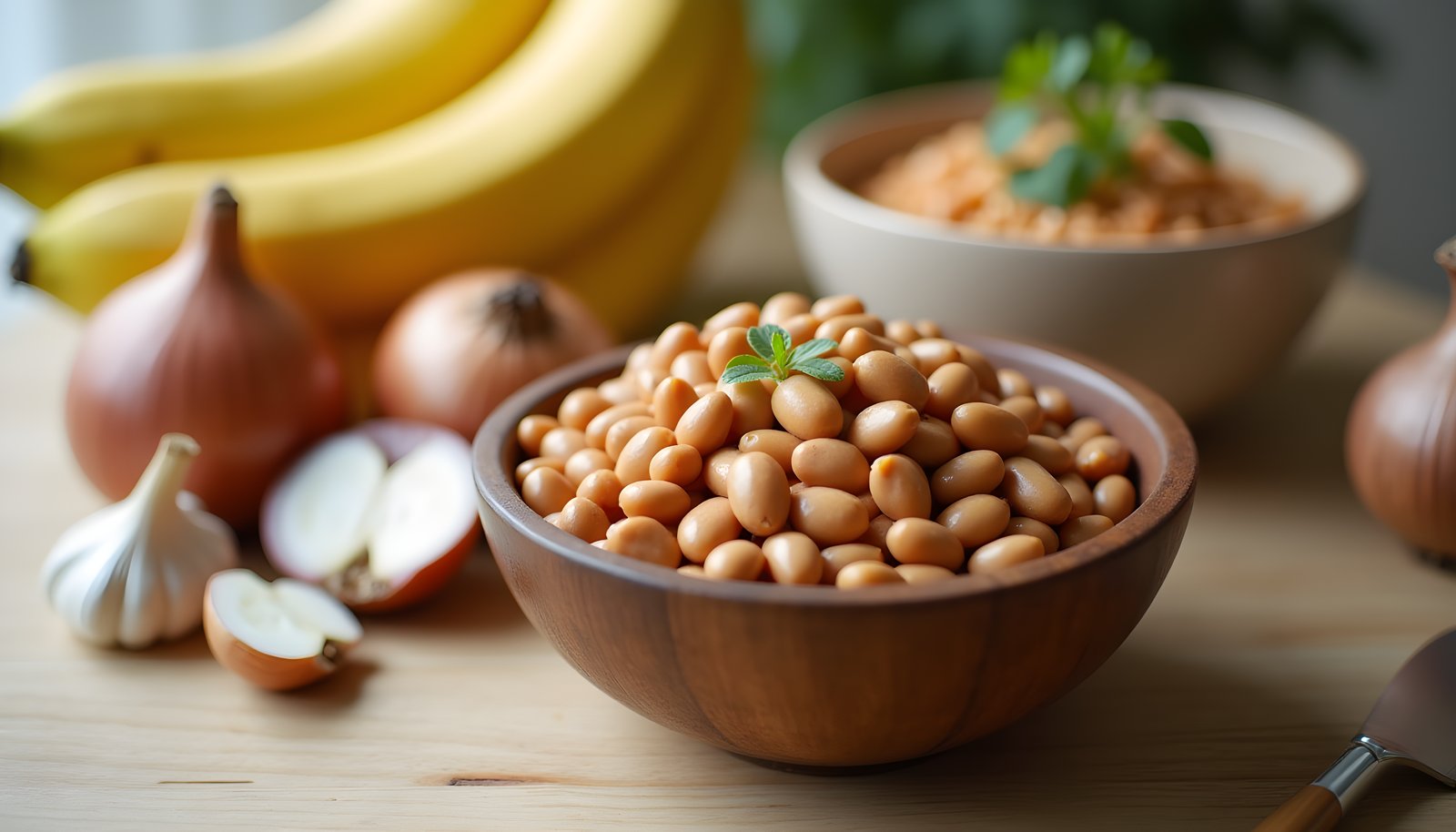 Fiber rich foods for gut health: onions, garlic, a bowl of beans, bananas and a small bowl of bean dip on a table